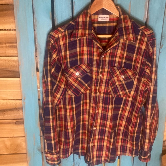 Vintage Oshkosh thick plaid flannel size medium navy tan red - Picture 1 of 6